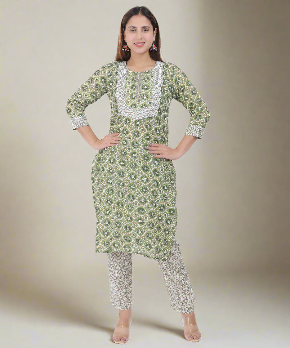 Elegant Green Floral Kurta Set Light Green