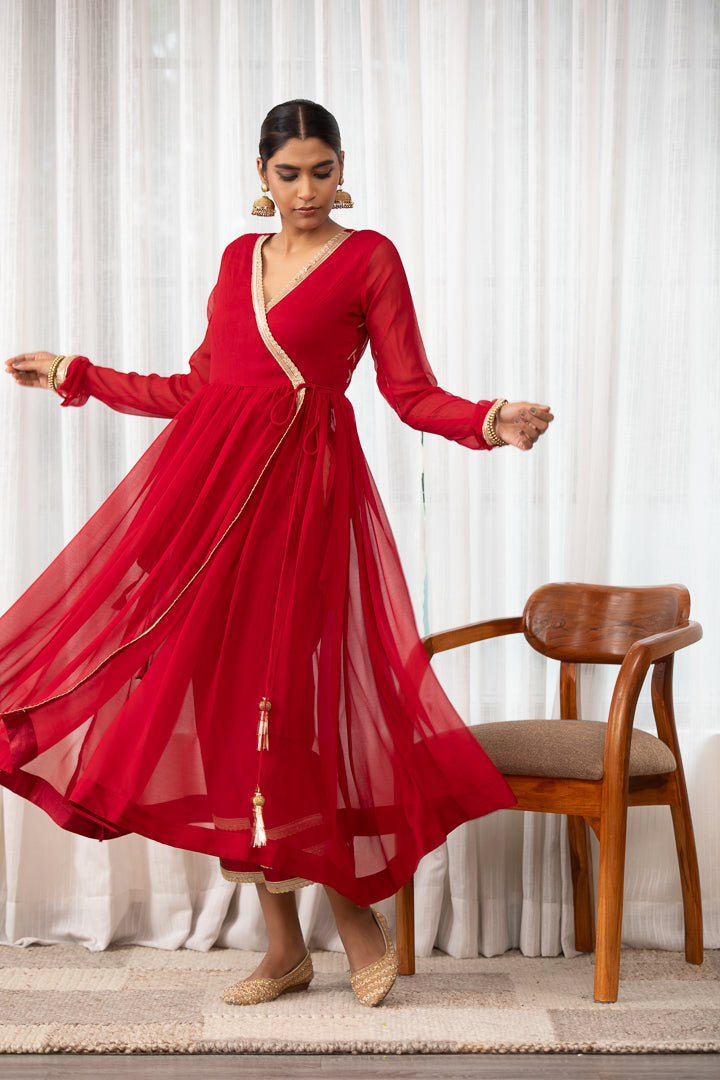 Raagini- Red Angrakha Anarkali Kurta Set with Dupatta