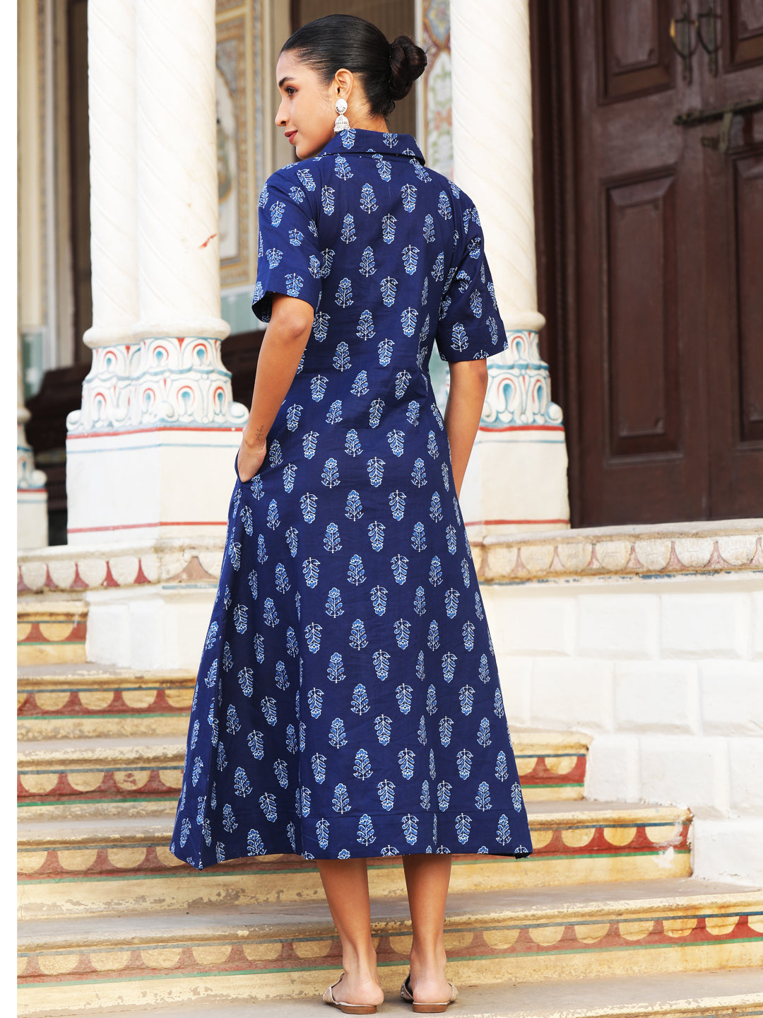 JULI- Women Indigo Blue Printed Cotton Button-Down Shirt Dress with Side Pockets