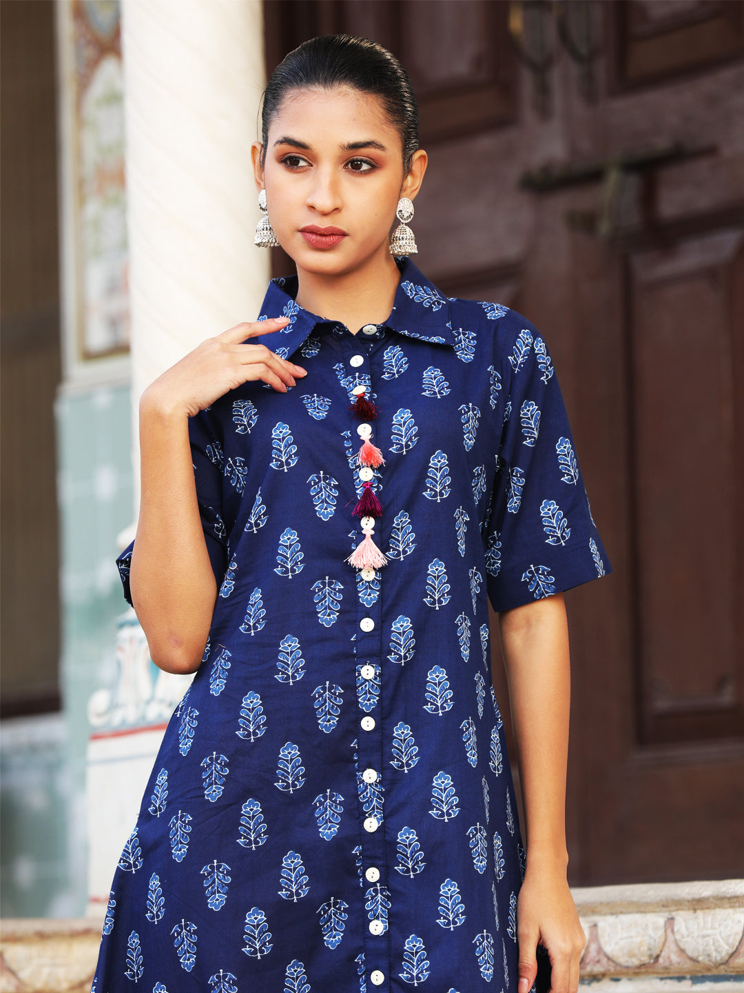 JULI- Women Indigo Blue Printed Cotton Button-Down Shirt Dress with Side Pockets