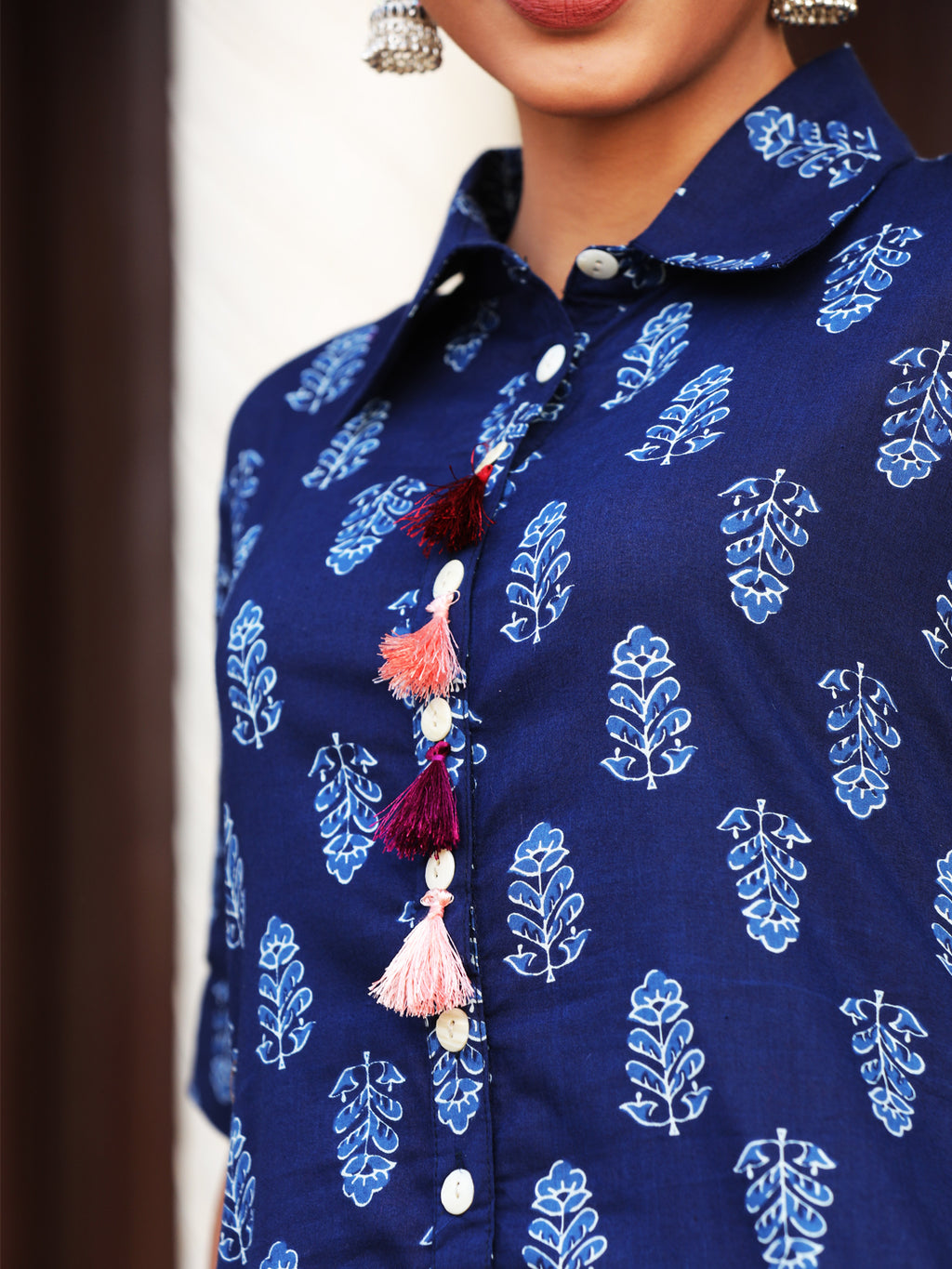 JULI- Women Indigo Blue Printed Cotton Button-Down Shirt Dress with Side Pockets