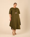 Gulbaani- Oversized A-line Embroidered Midi Dress Olive green