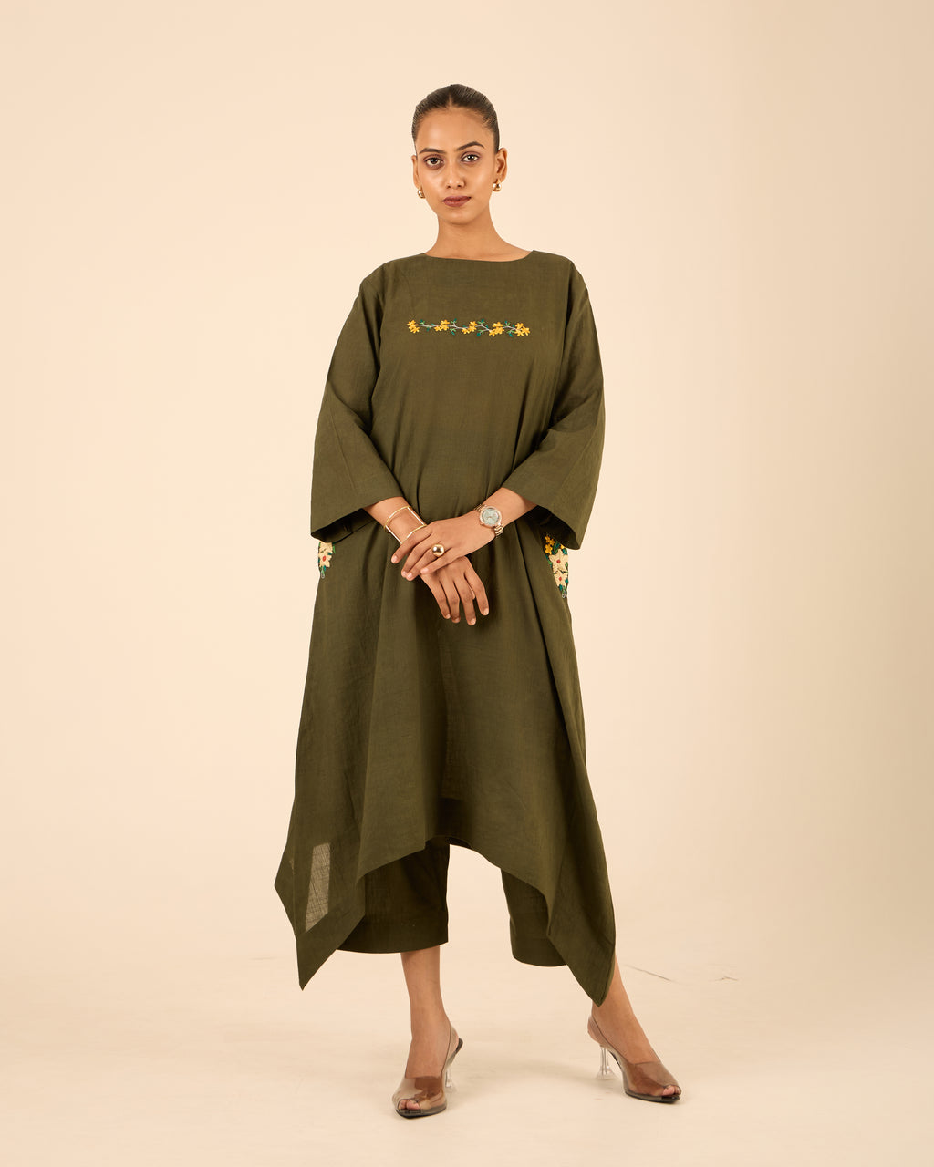 Gehraai- Long Asymmetric Embroidered Kurta with Palazzo