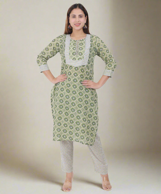 Elegant Green Floral Kurta Set Light Green