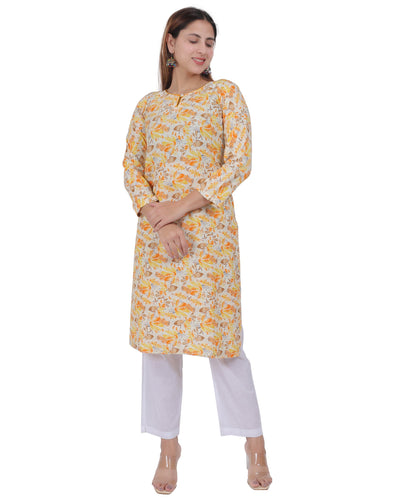 Anikrriti's Yellow Floral Cotton Kurta set for Women - Anikrriti