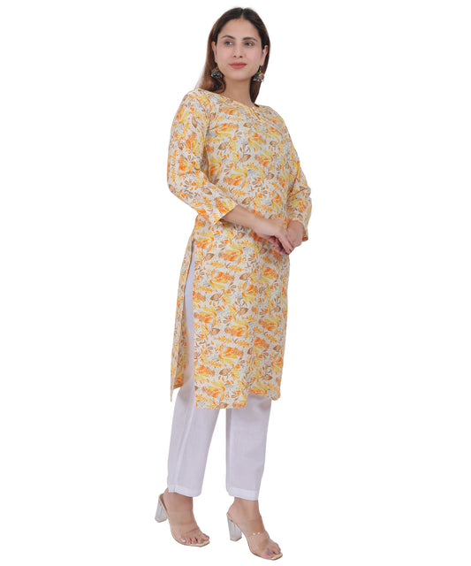 Anikrriti's Yellow Floral Cotton Kurta set for Women - Anikrriti