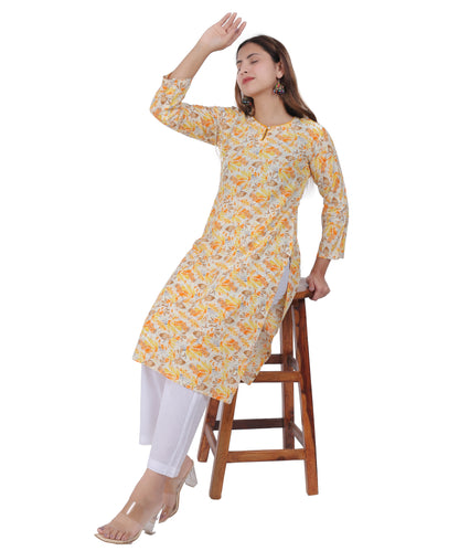 Anikrriti's Yellow Floral Cotton Kurta set for Women - Anikrriti