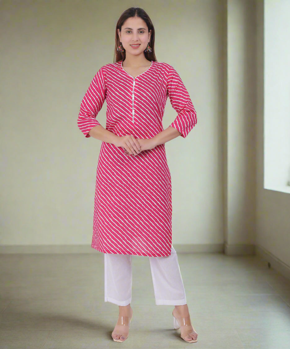 Leheriya Print Cotton Kurti Pink
