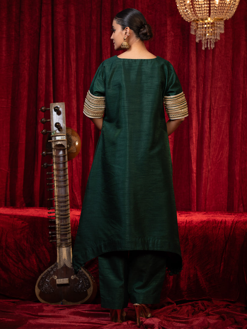 Abha - Green V-Neck Zari Kurta with Lace Detail, Side Pocket & Plazzo Set