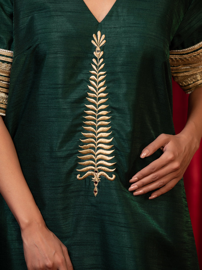 Abha - Green V-Neck Zari Kurta with Lace Detail, Side Pocket & Plazzo Set