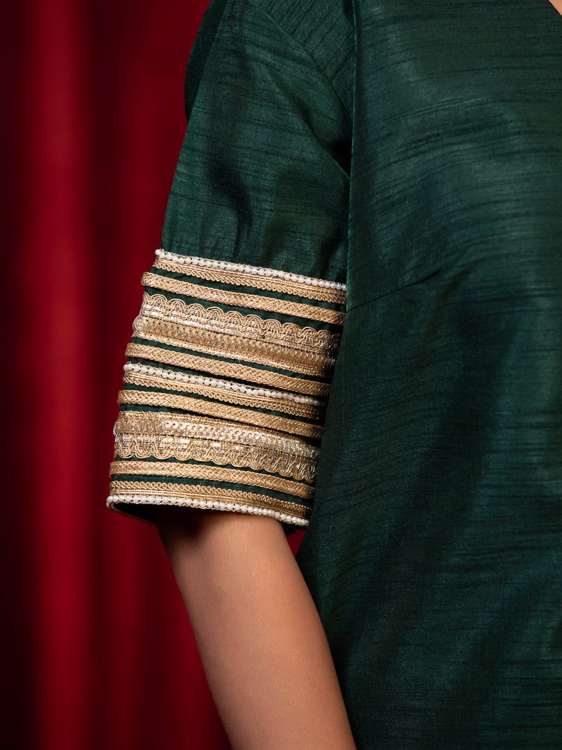 Abha - Green V-Neck Zari Kurta with Lace Detail, Side Pocket & Plazzo Set