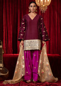 EVARA- Purple V-Neck Zari Embroidered Long Sleeve Raw Slik Kurta with Magenta Zari Farsi Salwar with Pockets & Organza Dupatta Purple
