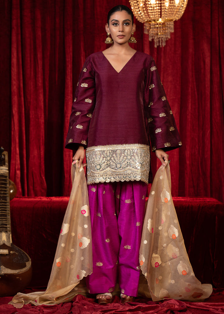 EVARA- Purple V-Neck Zari Embroidered Long Sleeve Raw Slik Kurta with Magenta Zari Farsi Salwar with Pockets & Organza Dupatta Purple