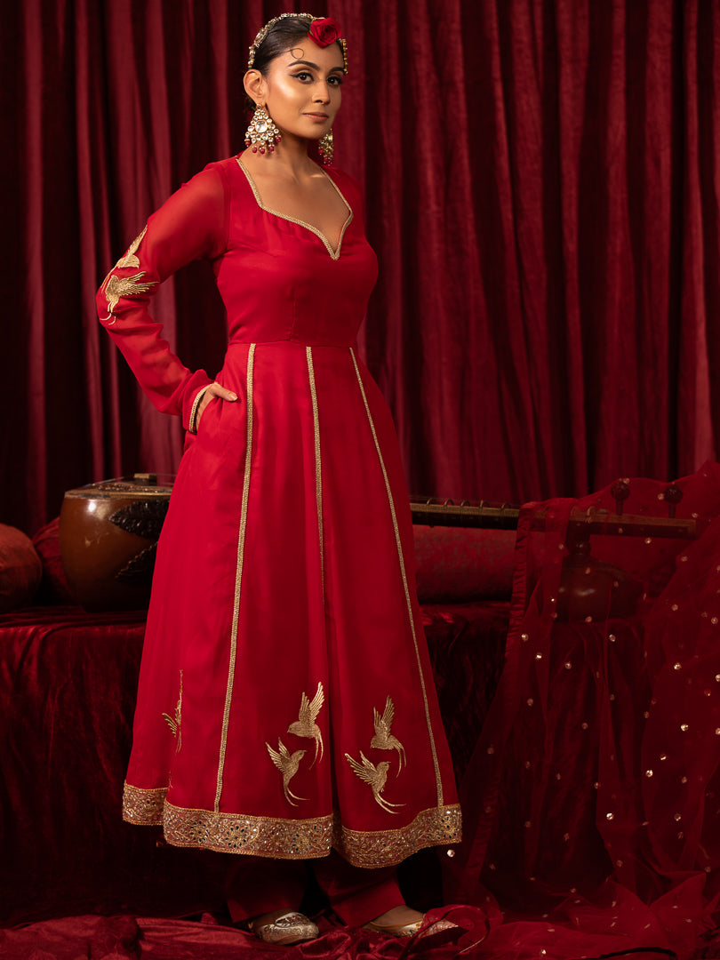 Noorani- Red Embroidered Georgette Backless Anarkali Suit