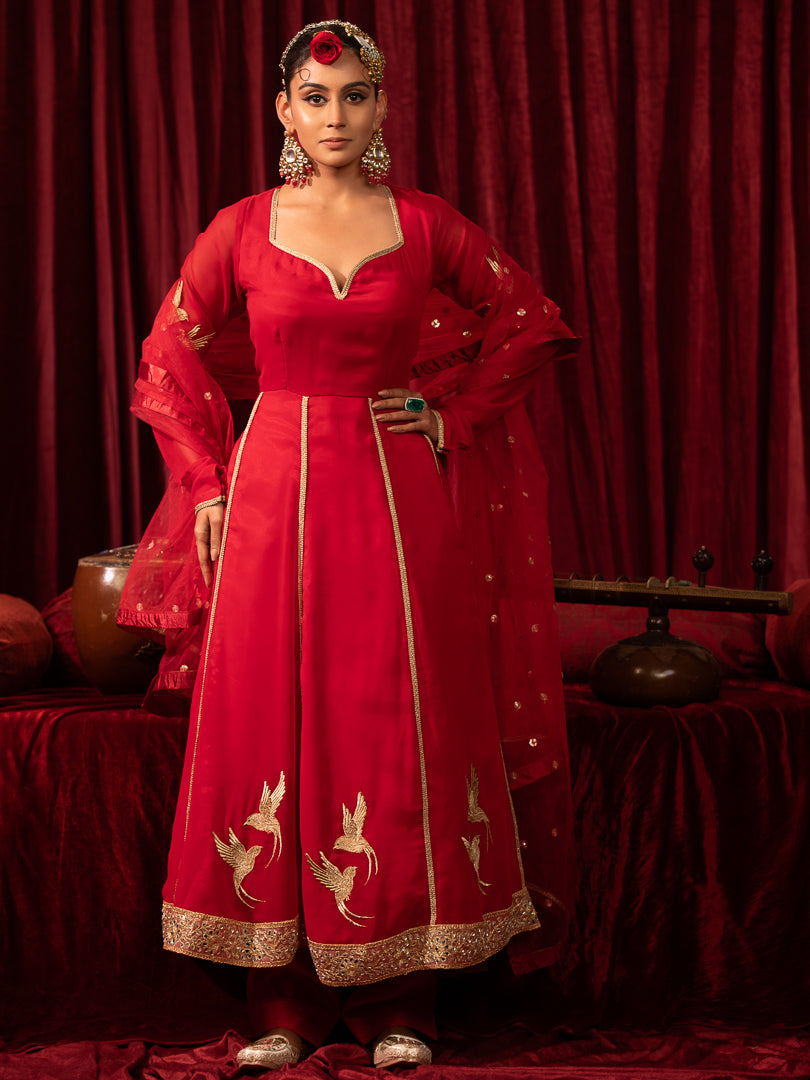 Noorani- Red Embroidered Georgette Backless Anarkali Suit