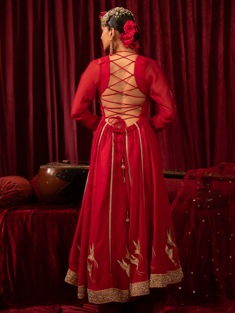 Noorani- Red Embroidered Georgette Backless Anarkali Suit