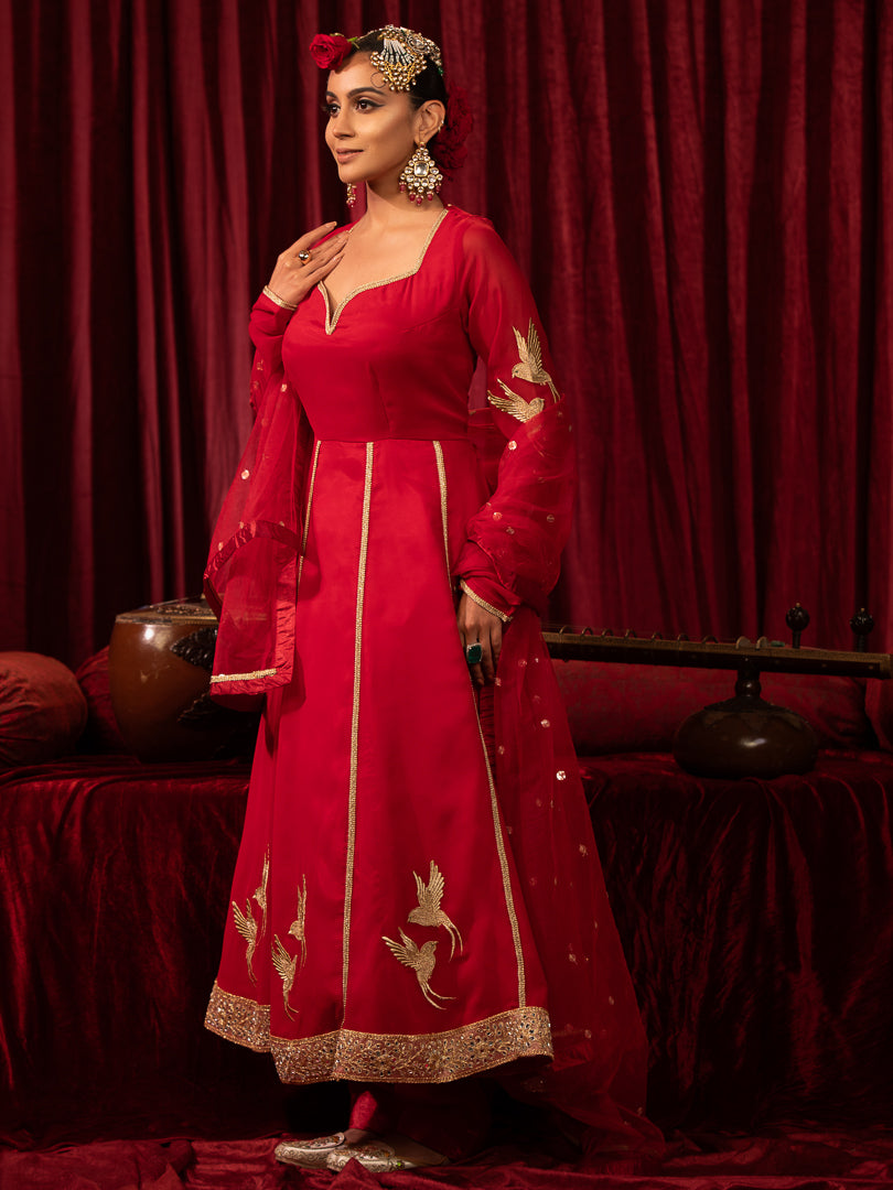 Noorani- Red Embroidered Georgette Backless Anarkali Suit