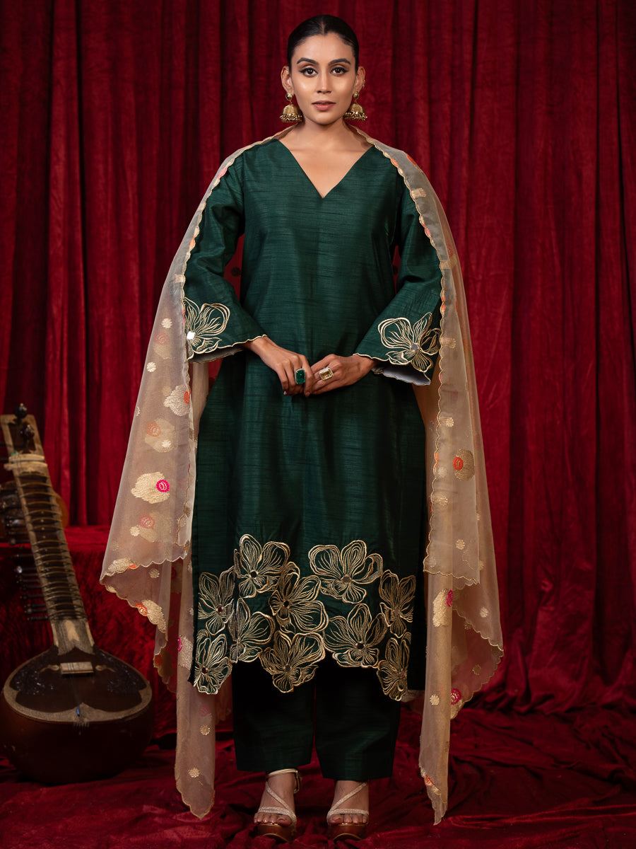 Naqsh- Green Zari Embroidered Silk Kurta Set with Dupatta