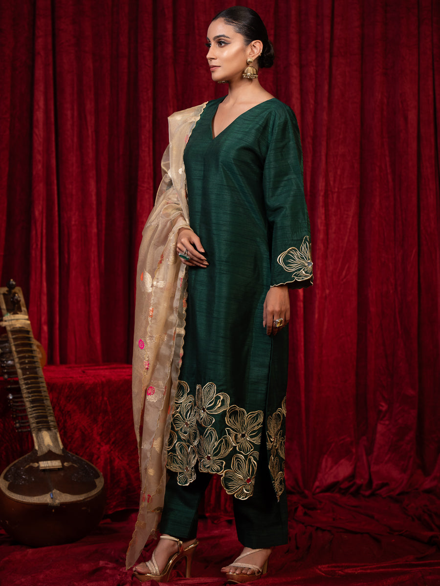 Naqsh- Green Zari Embroidered Silk Kurta Set with Dupatta