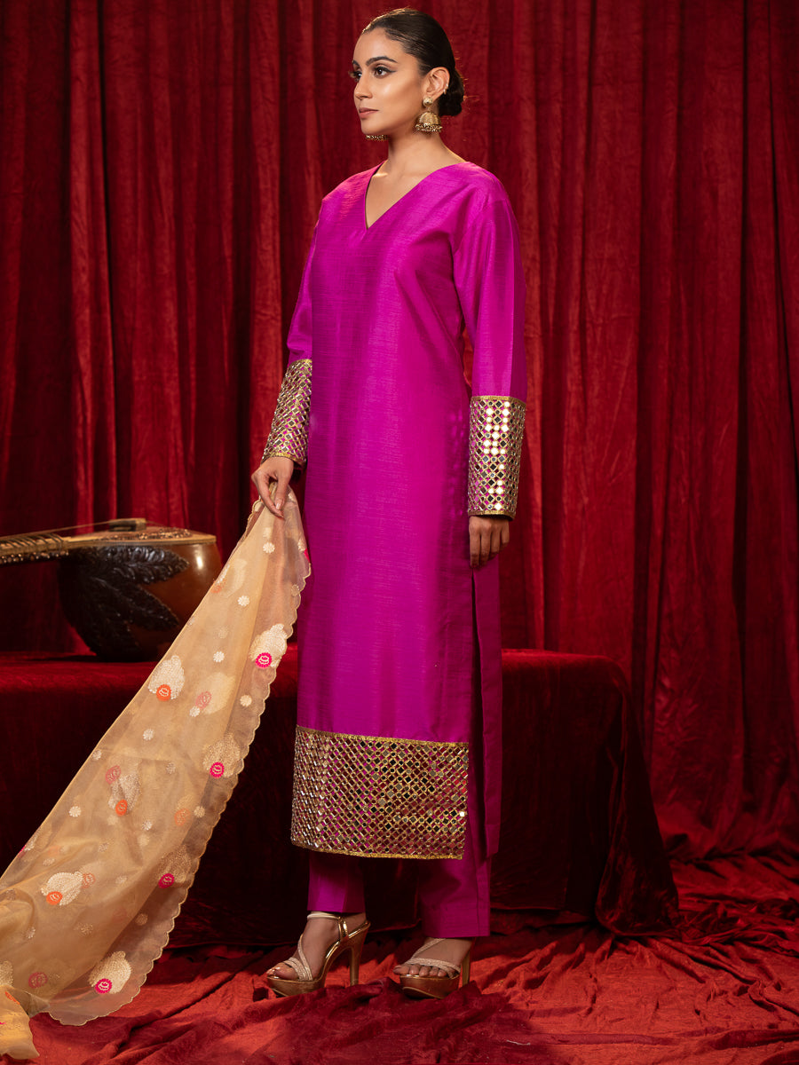 MIRAYA-Magenta Mirror Work V-Neck Full Sleeve Long Line Kurta Set with Side Pockets, Palazzo & Organza Dupatta