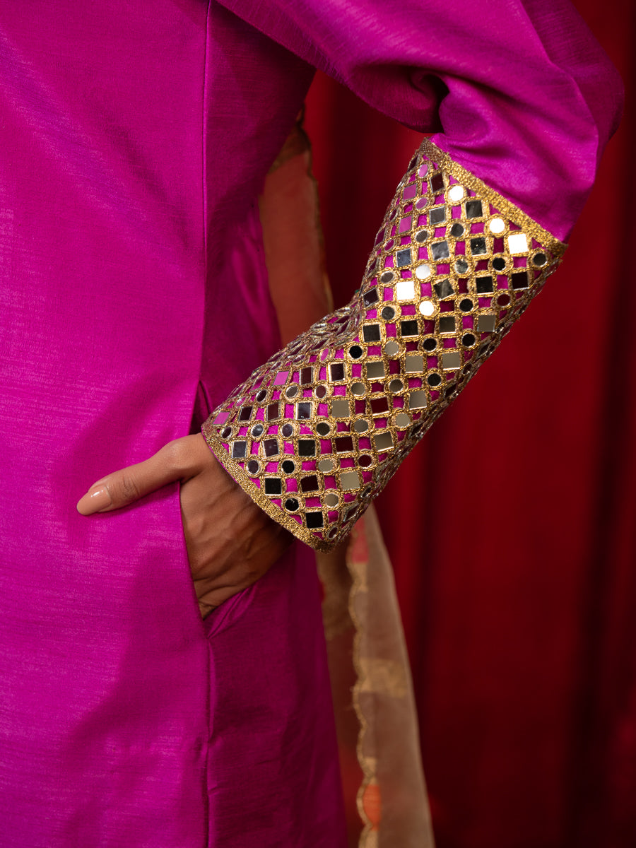 MIRAYA-Magenta Mirror Work V-Neck Full Sleeve Long Line Kurta Set with Side Pockets, Palazzo & Organza Dupatta