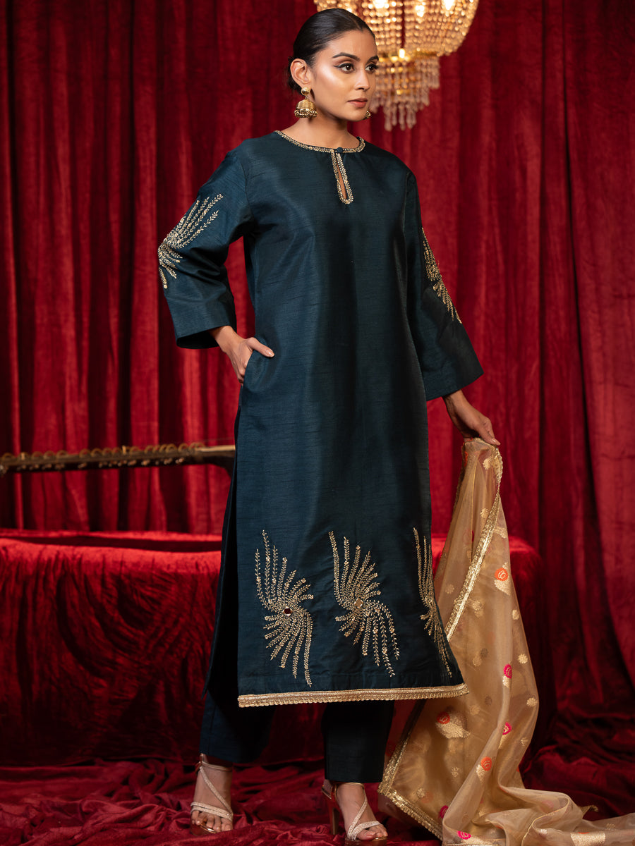 ZYRA-Electric Blue Zari Work Silk Kurta Set with Side Pockets, Palazzo & Organza Dupatta
