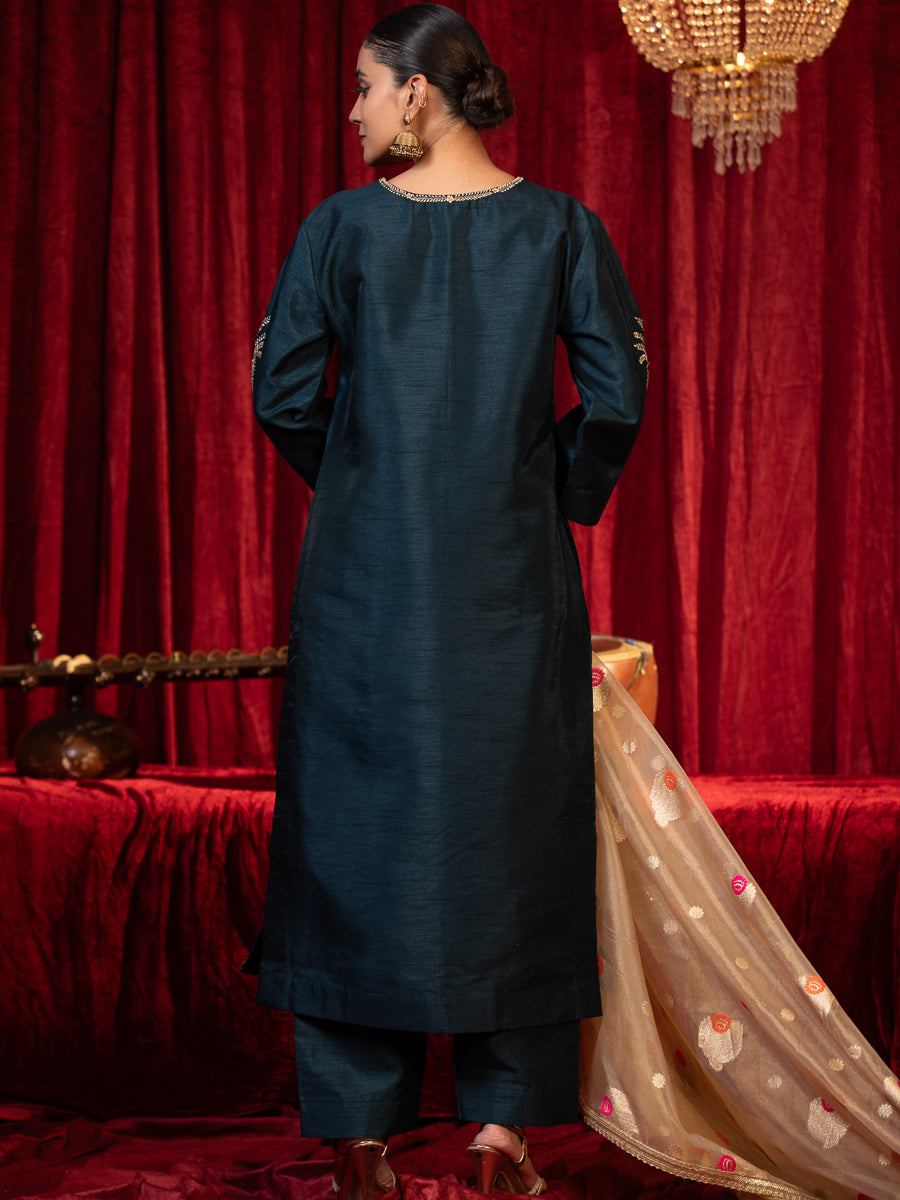 ZYRA-Electric Blue Zari Work Silk Kurta Set with Side Pockets, Palazzo & Organza Dupatta