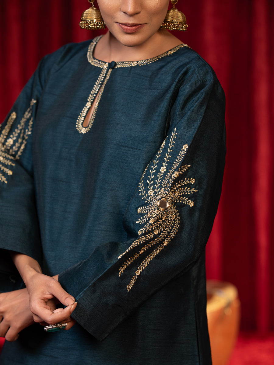 ZYRA-Electric Blue Zari Work Silk Kurta Set with Side Pockets, Palazzo & Organza Dupatta