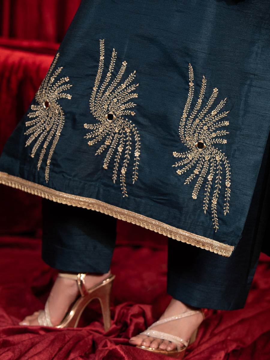 ZYRA-Electric Blue Zari Work Silk Kurta Set with Side Pockets, Palazzo & Organza Dupatta