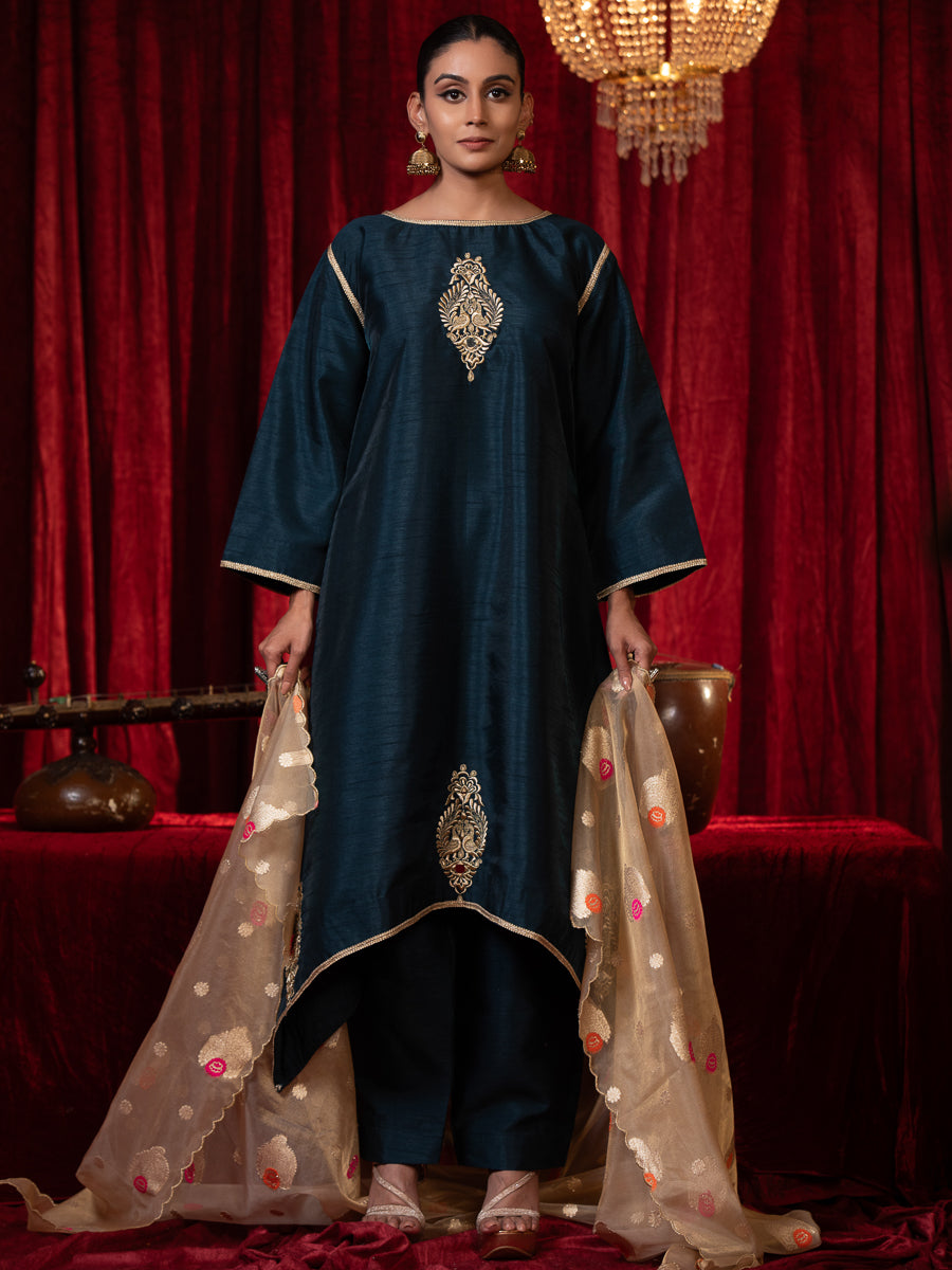JYOTSNA-Electric Blue A-line Zari Work Silk Kurta Set with Side Pocket, Palazzo & Organza Dupatta Blue