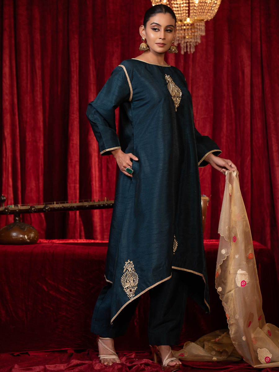 JYOTSNA-Electric Blue A-line Zari Work Silk Kurta Set with Side Pocket, Palazzo & Organza Dupatta