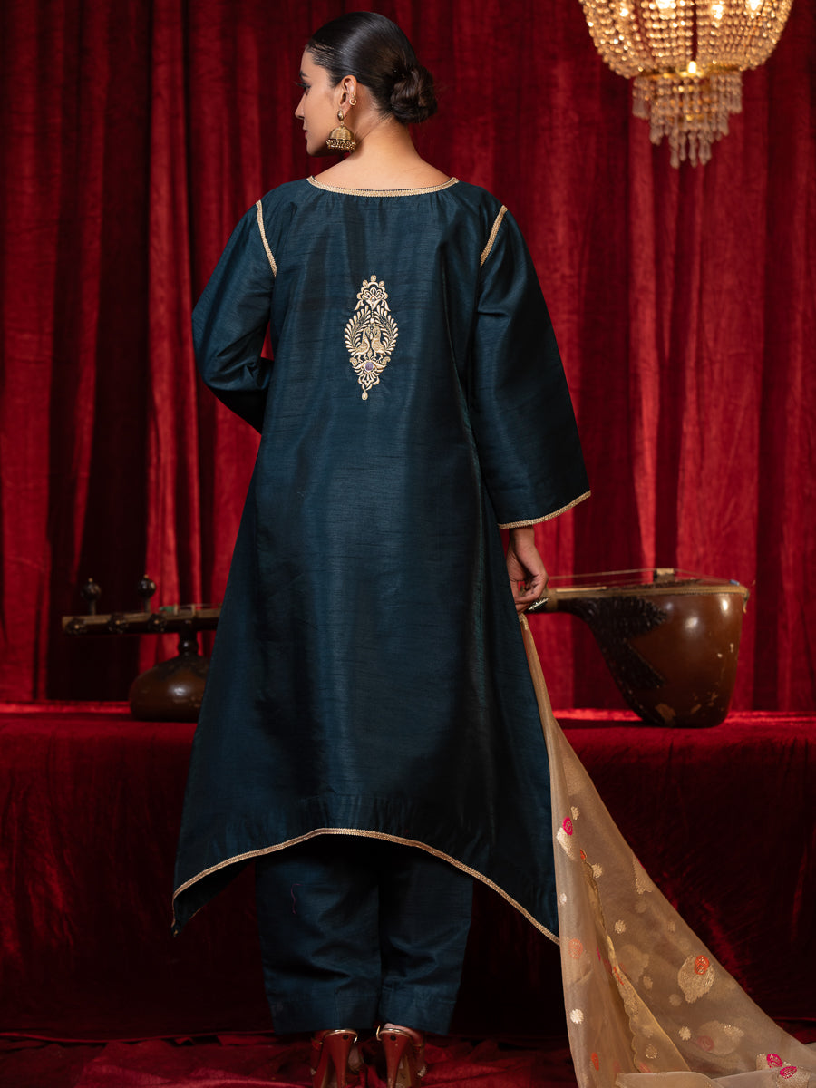 JYOTSNA-Electric Blue A-line Zari Work Silk Kurta Set with Side Pocket, Palazzo & Organza Dupatta