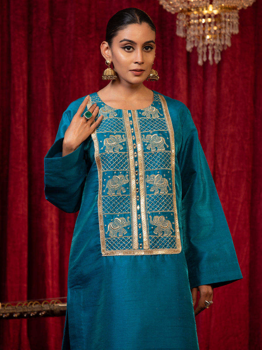 ZAREEN-Blue Round Neck Silk Kurta Palazzo Set with Zari Embroidery & Side Pockets