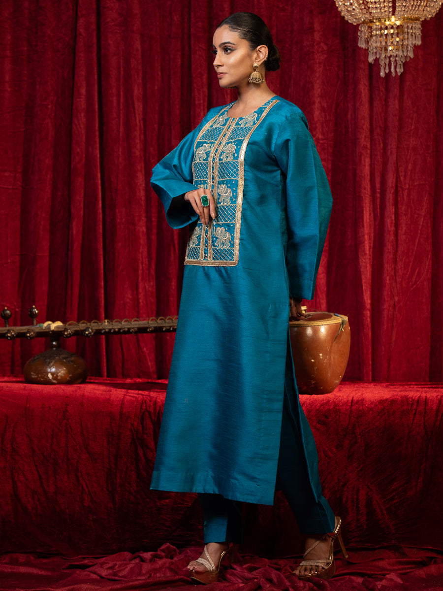 ZAREEN-Blue Round Neck Silk Kurta Palazzo Set with Zari Embroidery & Side Pockets