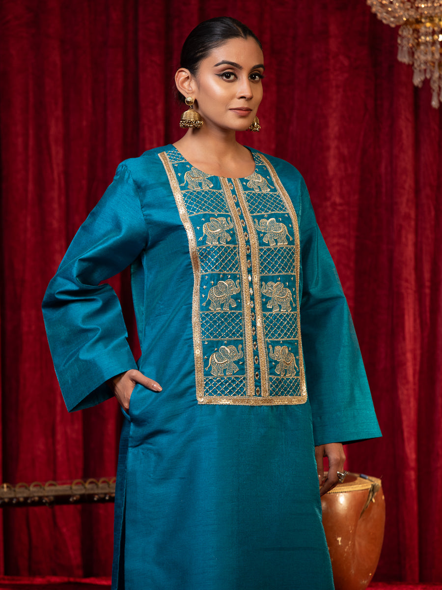 ZAREEN-Blue Round Neck Silk Kurta Palazzo Set with Zari Embroidery & Side Pockets