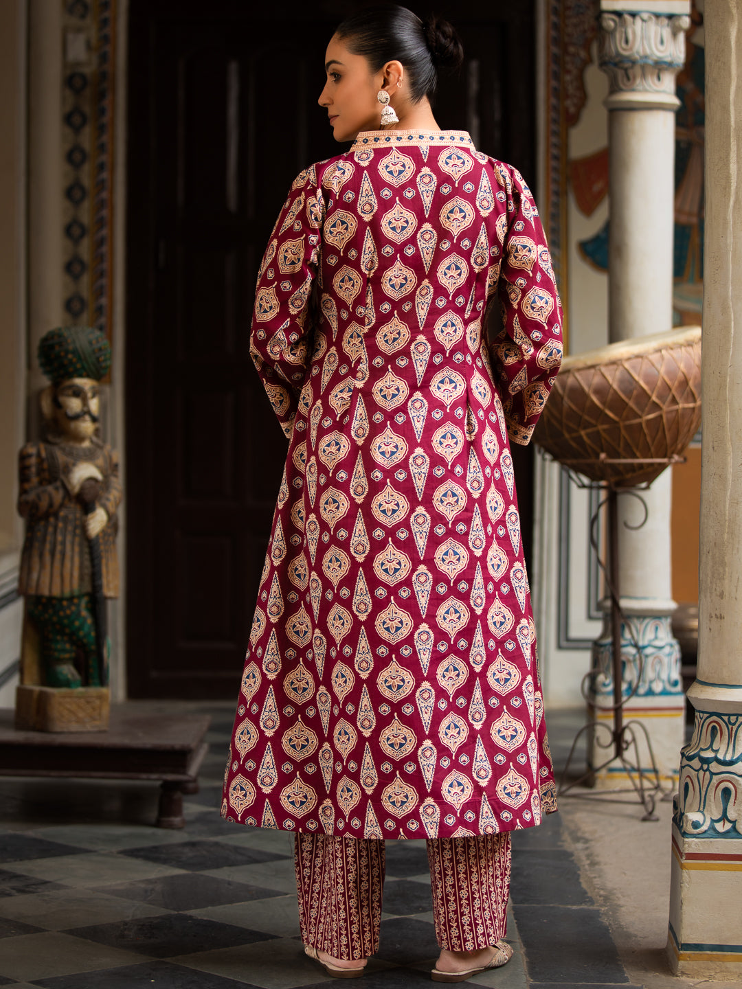 Printed A-Line Cotton Kurta with V-Neck, Quarter Sleeves & Side Pocket Palazzo Set