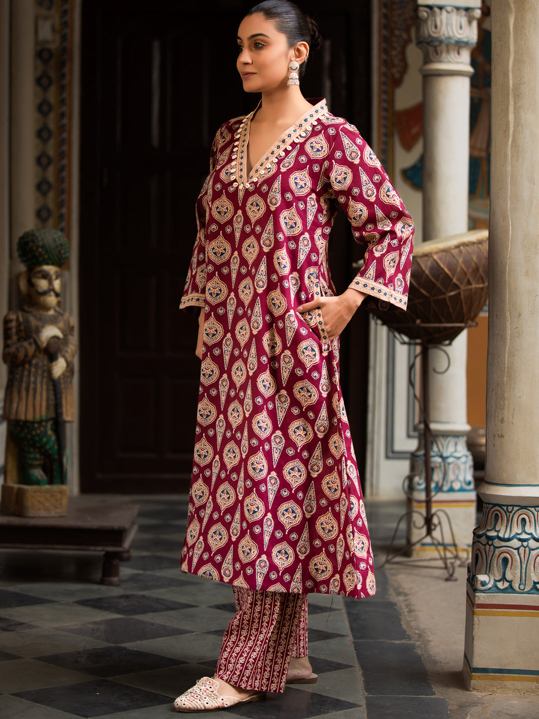 Printed A-Line Cotton Kurta with V-Neck, Quarter Sleeves & Side Pocket Palazzo Set