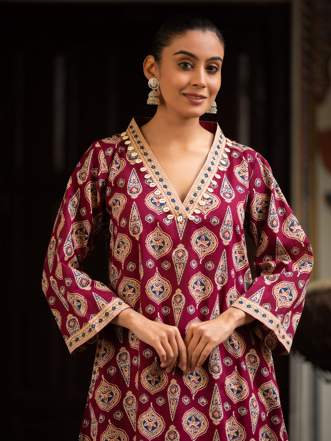 Printed A-Line Cotton Kurta with V-Neck, Quarter Sleeves & Side Pocket Palazzo Set