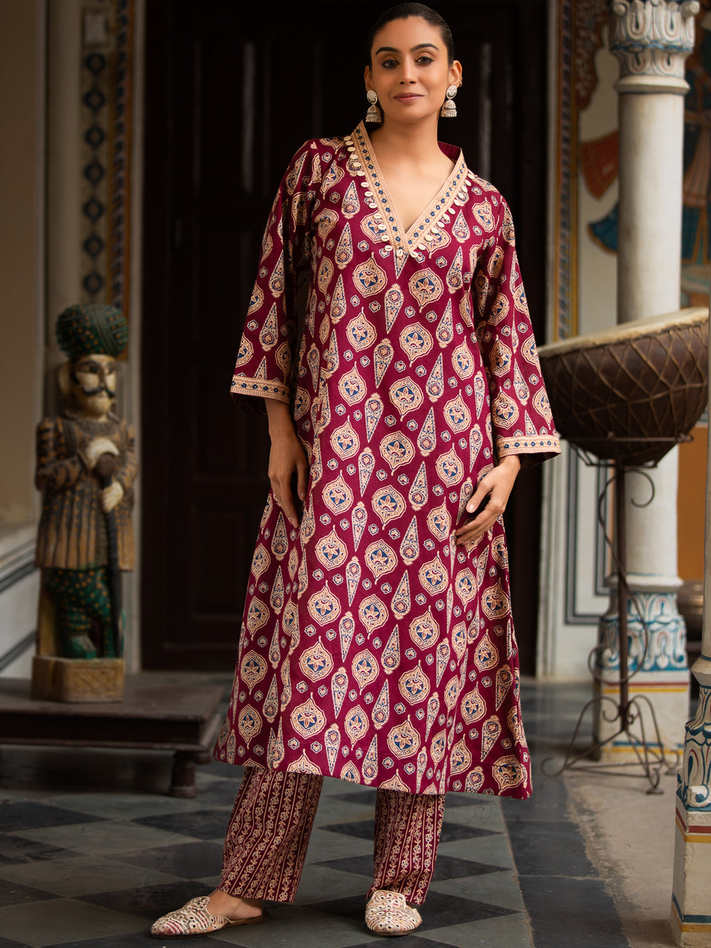 Printed A-Line Cotton Kurta with V-Neck, Quarter Sleeves & Side Pocket Palazzo Set Maroon