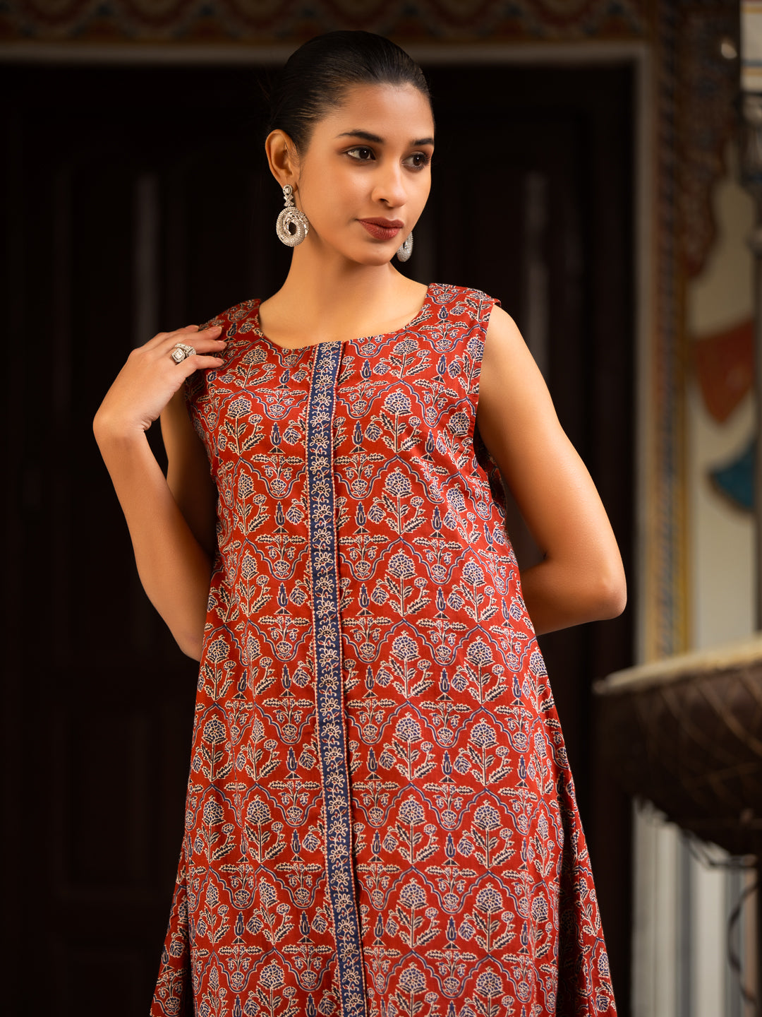 Maroon Ajrakh Print Sleeveless Cotton Button-Down Kurta with Side Pockets & Paired with Palazzo Set