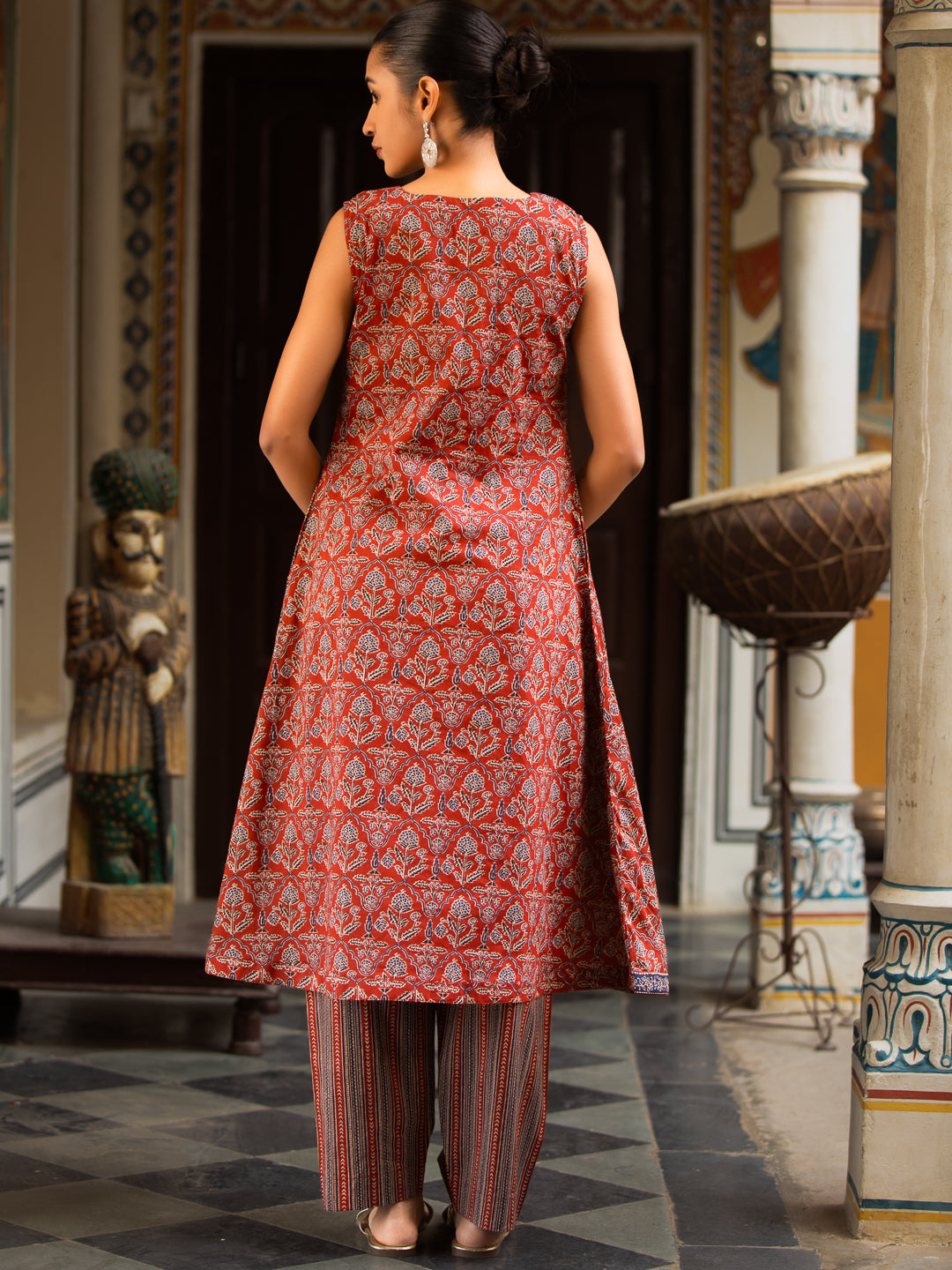 Maroon Ajrakh Print Sleeveless Cotton Button-Down Kurta with Side Pockets & Paired with Palazzo Set