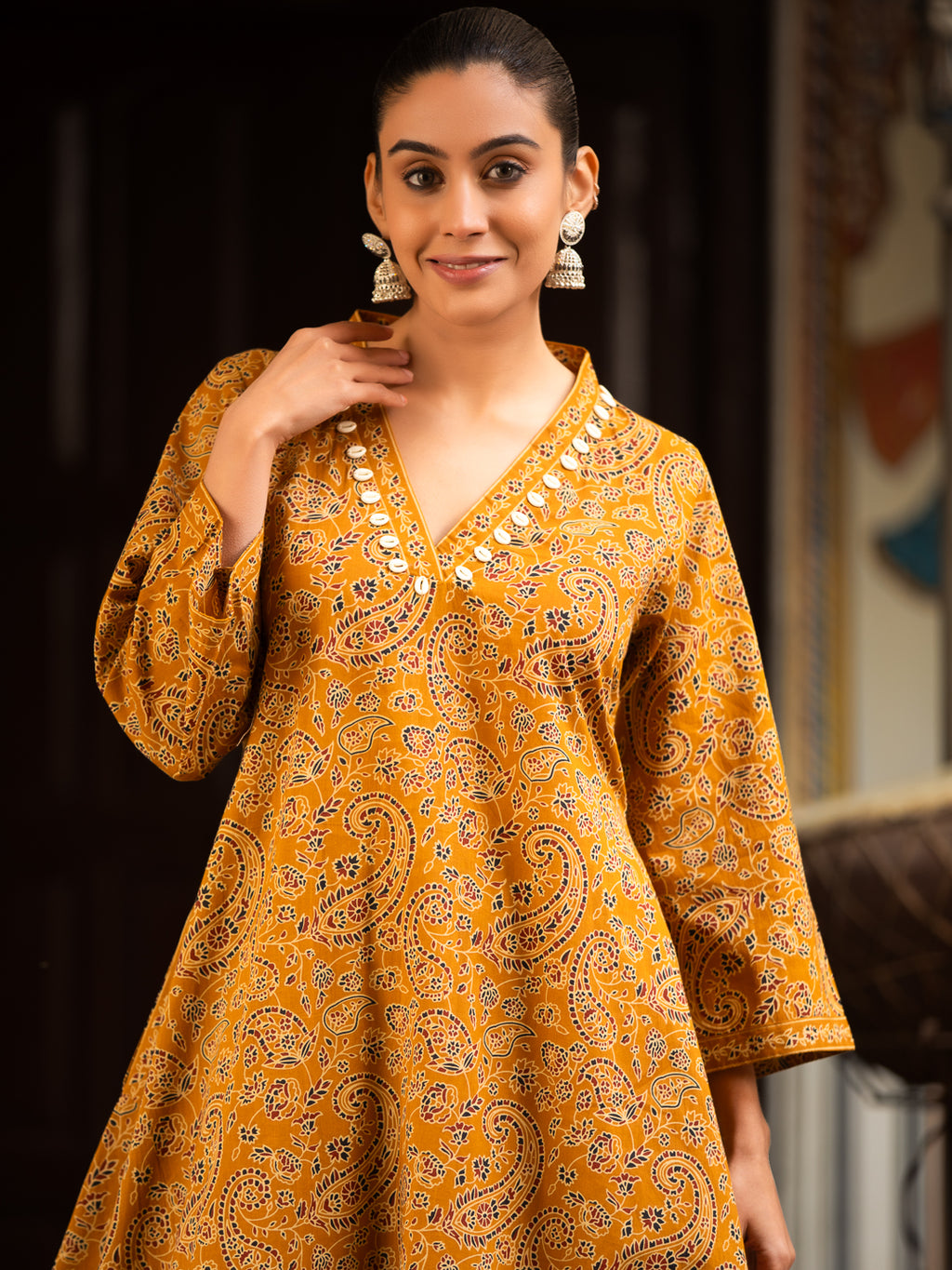 Printed A-Line Cotton Kurta with V-Neck, Quarter Sleeves & Side Pocket Palazzo Set