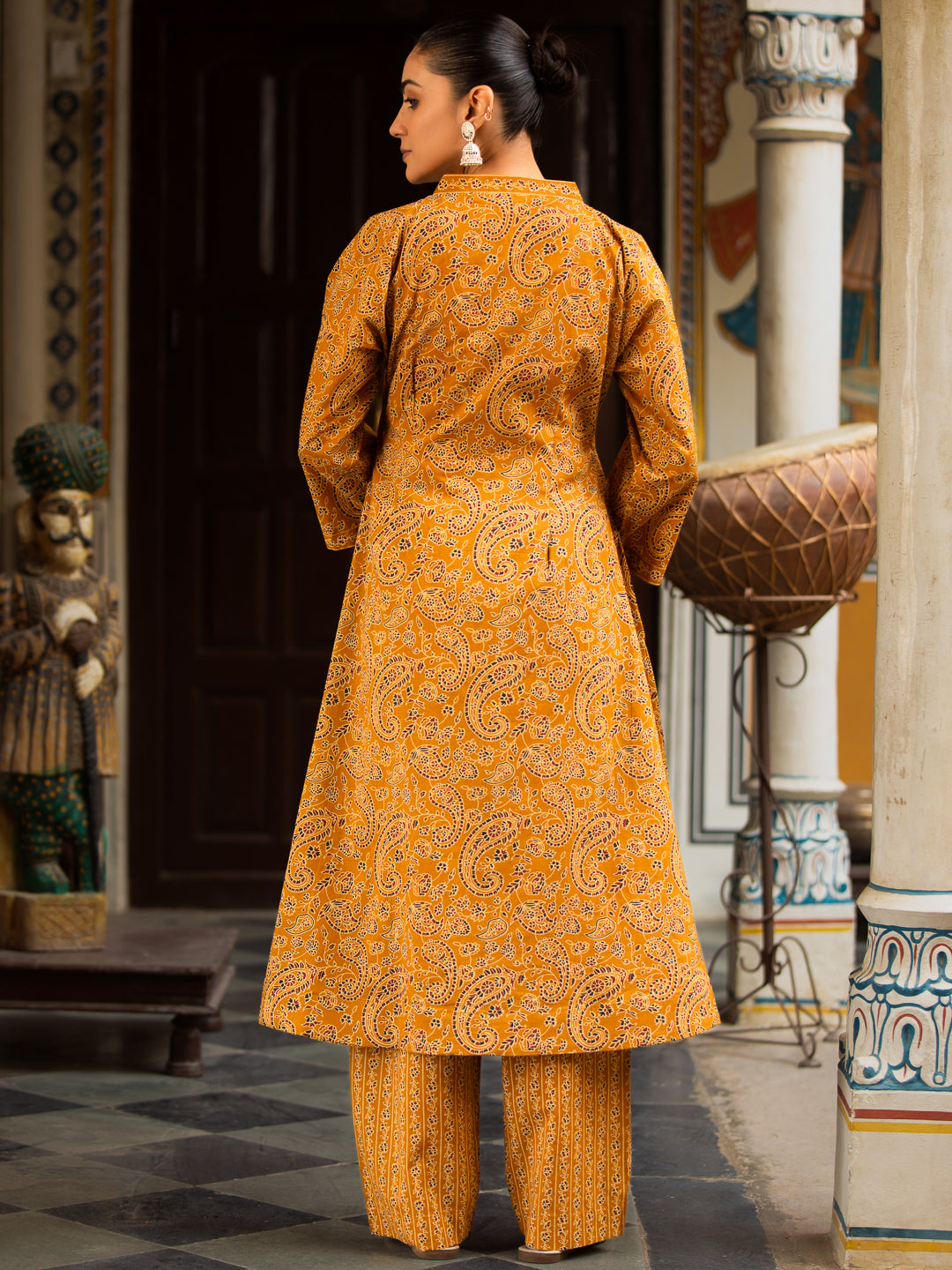 Printed A-Line Cotton Kurta with V-Neck, Quarter Sleeves & Side Pocket Palazzo Set