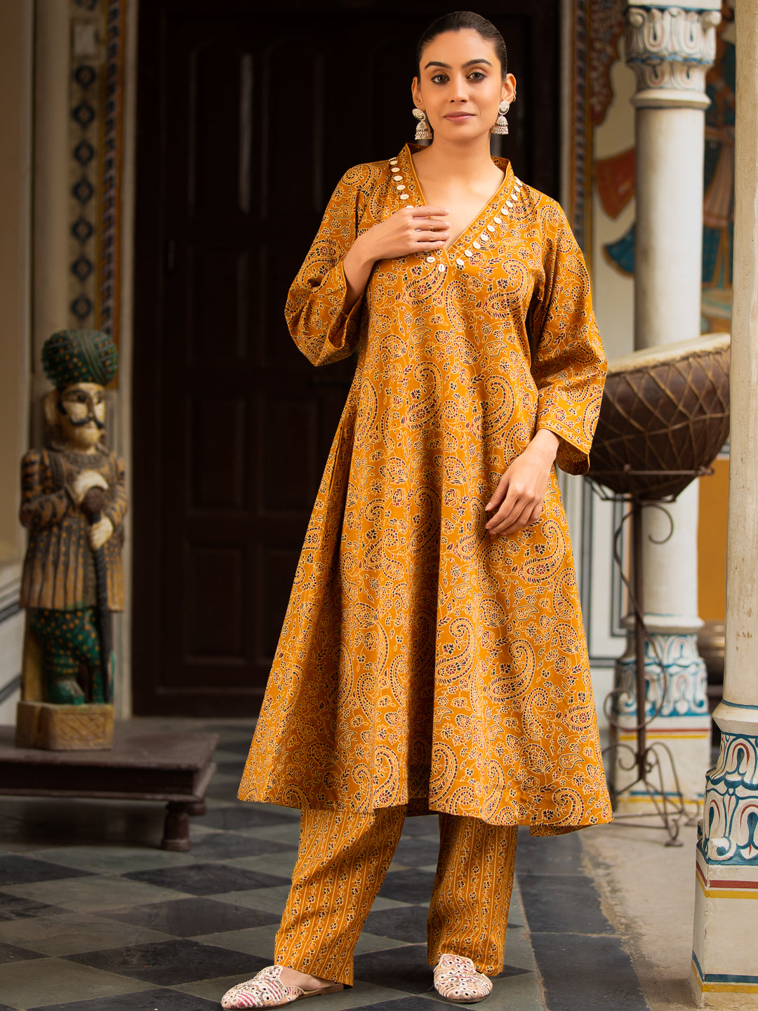 Printed A-Line Cotton Kurta with V-Neck, Quarter Sleeves & Side Pocket Palazzo Set Gold