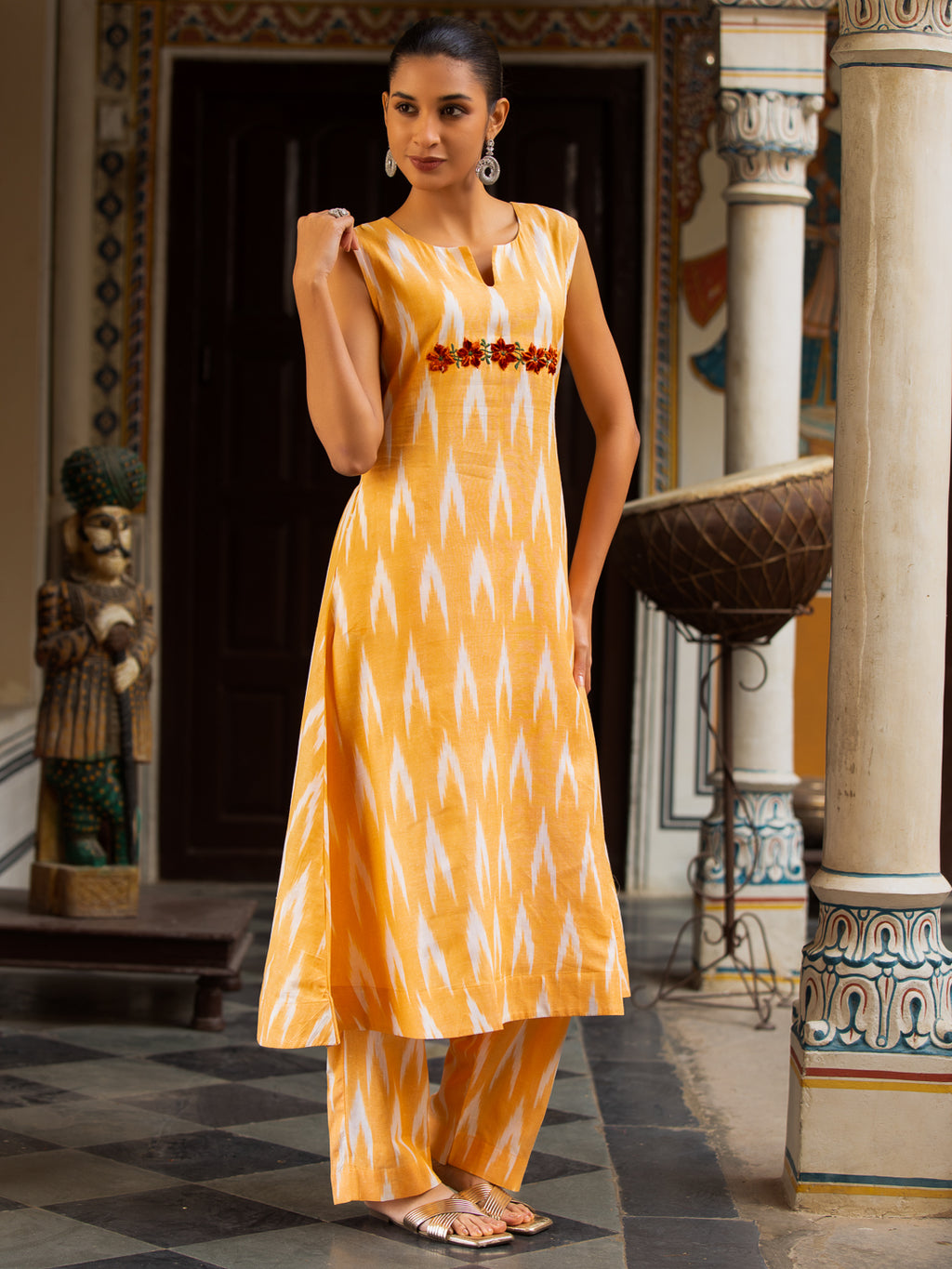 Ikkat Print Sleeveless Round-Neck Embroidered Kurta with Side Pockets & Palazzo Set