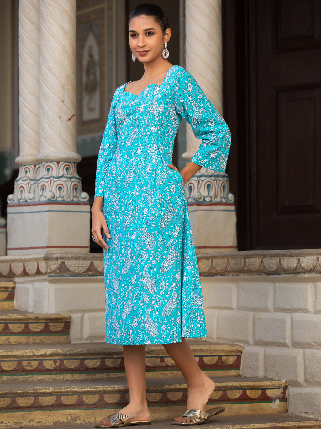NARGIS-Women Turquoise Blue Paisley Printed Cotton Dress with Square Neck & Corset Back