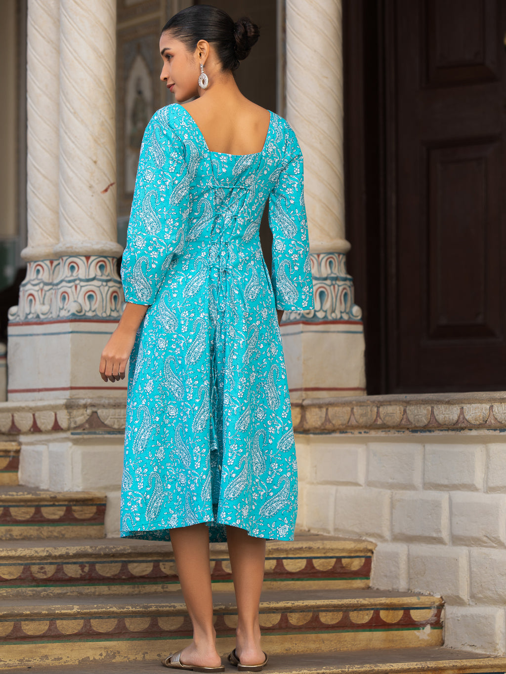 NARGIS-Women Turquoise Blue Paisley Printed Cotton Dress with Square Neck & Corset Back