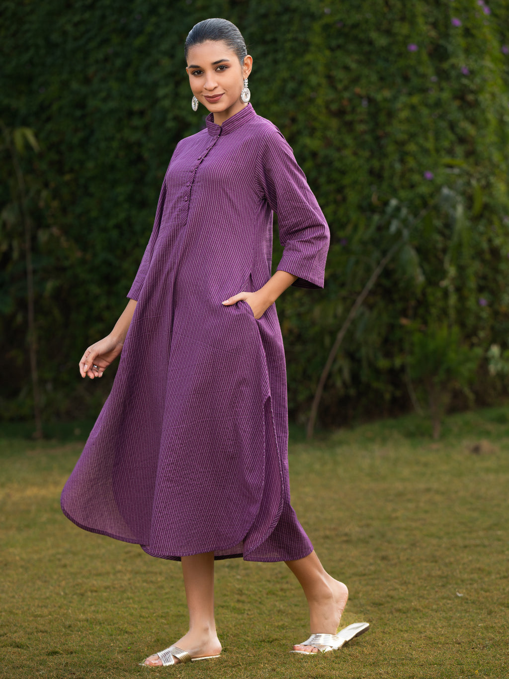 ASHOKA-Women Wine Purple Solid Cotton Longline Dress with Mandarin Collar & Side Pockets