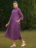 ASHOKA-Women Wine Purple Solid Cotton Longline Dress with Mandarin Collar & Side Pockets