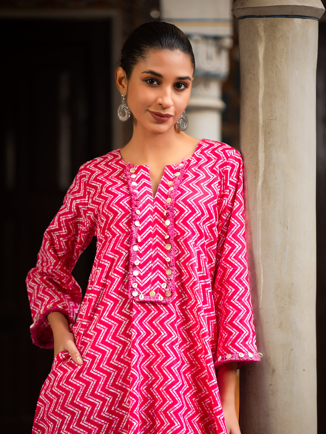 PALASH-Women Pink Printed Cotton Round-Neck Dress with Lace Detail & Side Pockets